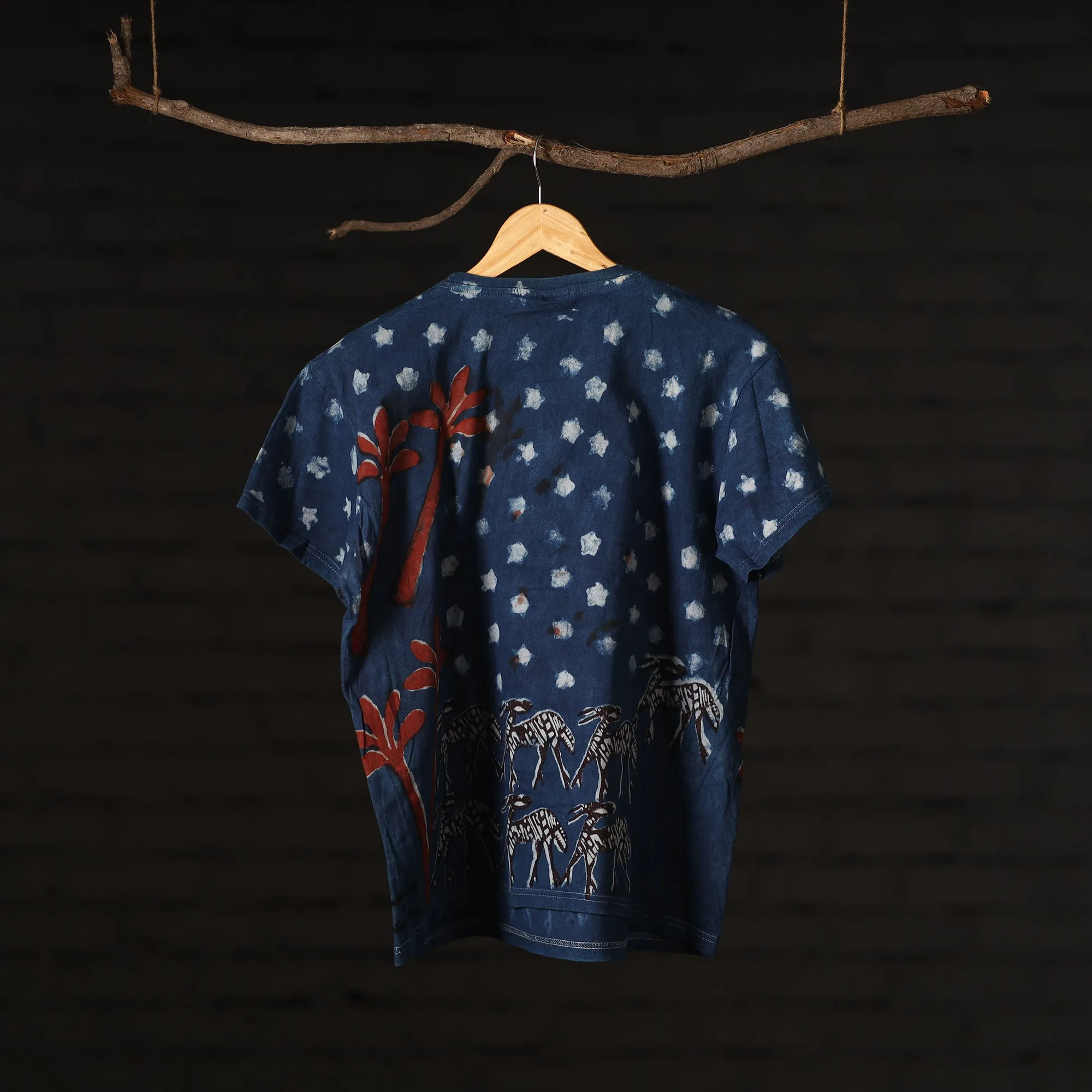 Blue - Bindaas Block Art Prints Natural Dyed Cotton Round Neck T-shirt