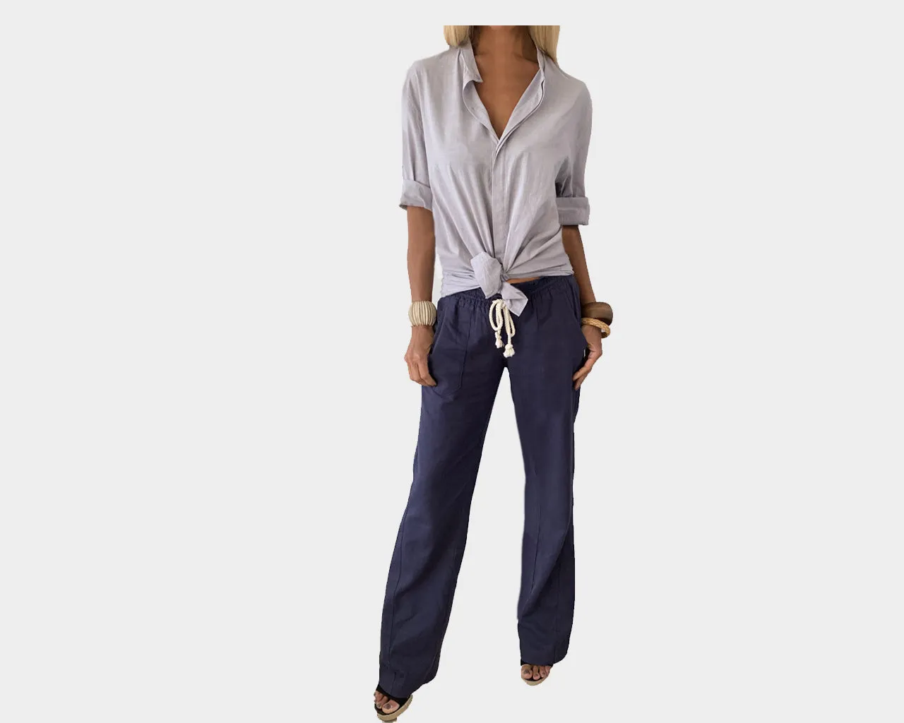 C1. Pale Blue Gray Linen Long Sleeve Shirt - The St. Barts