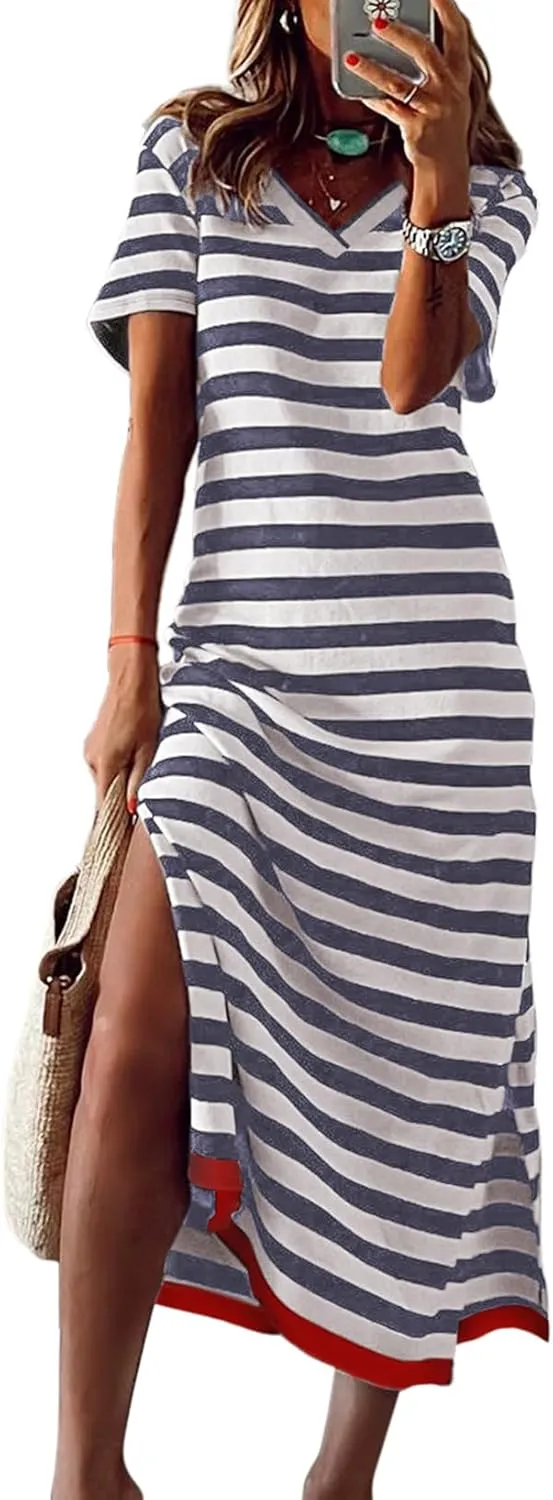 Dokotoo Summer Dress Casual Womens Fashion Short Sleeve Maxi Dress T Shirt Dress Striped Long Color Block Maxi Dress