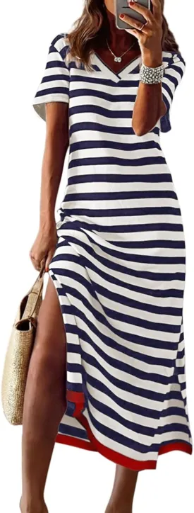 Dokotoo Summer Dress Casual Womens Fashion Short Sleeve Maxi Dress T Shirt Dress Striped Long Color Block Maxi Dress