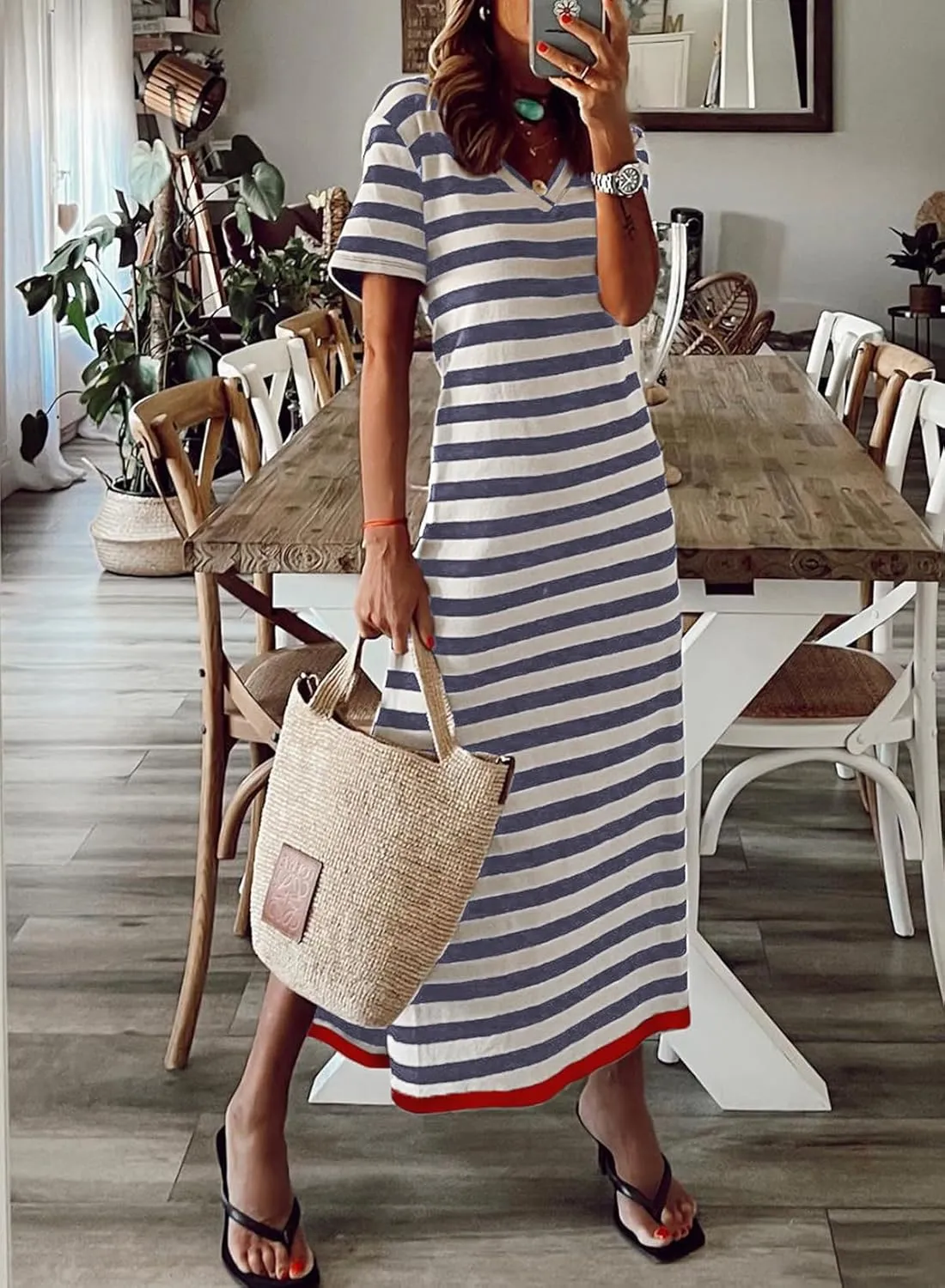 Dokotoo Summer Dress Casual Womens Fashion Short Sleeve Maxi Dress T Shirt Dress Striped Long Color Block Maxi Dress