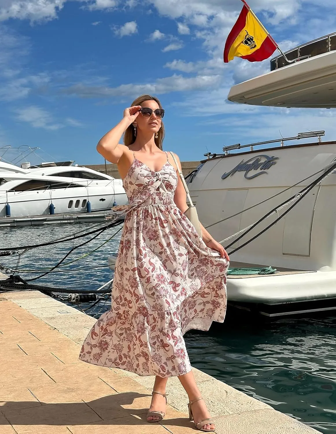 GRACE KARIN Women's 2025 Summer Maxi Dress Floral Tie Front Spaghetti Strap Casual Boho Beach Flowy Sundress with Pockets