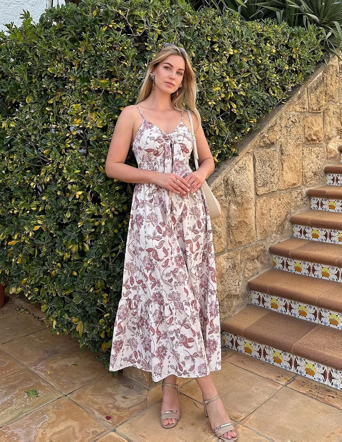 GRACE KARIN Women's 2025 Summer Maxi Dress Floral Tie Front Spaghetti Strap Casual Boho Beach Flowy Sundress with Pockets