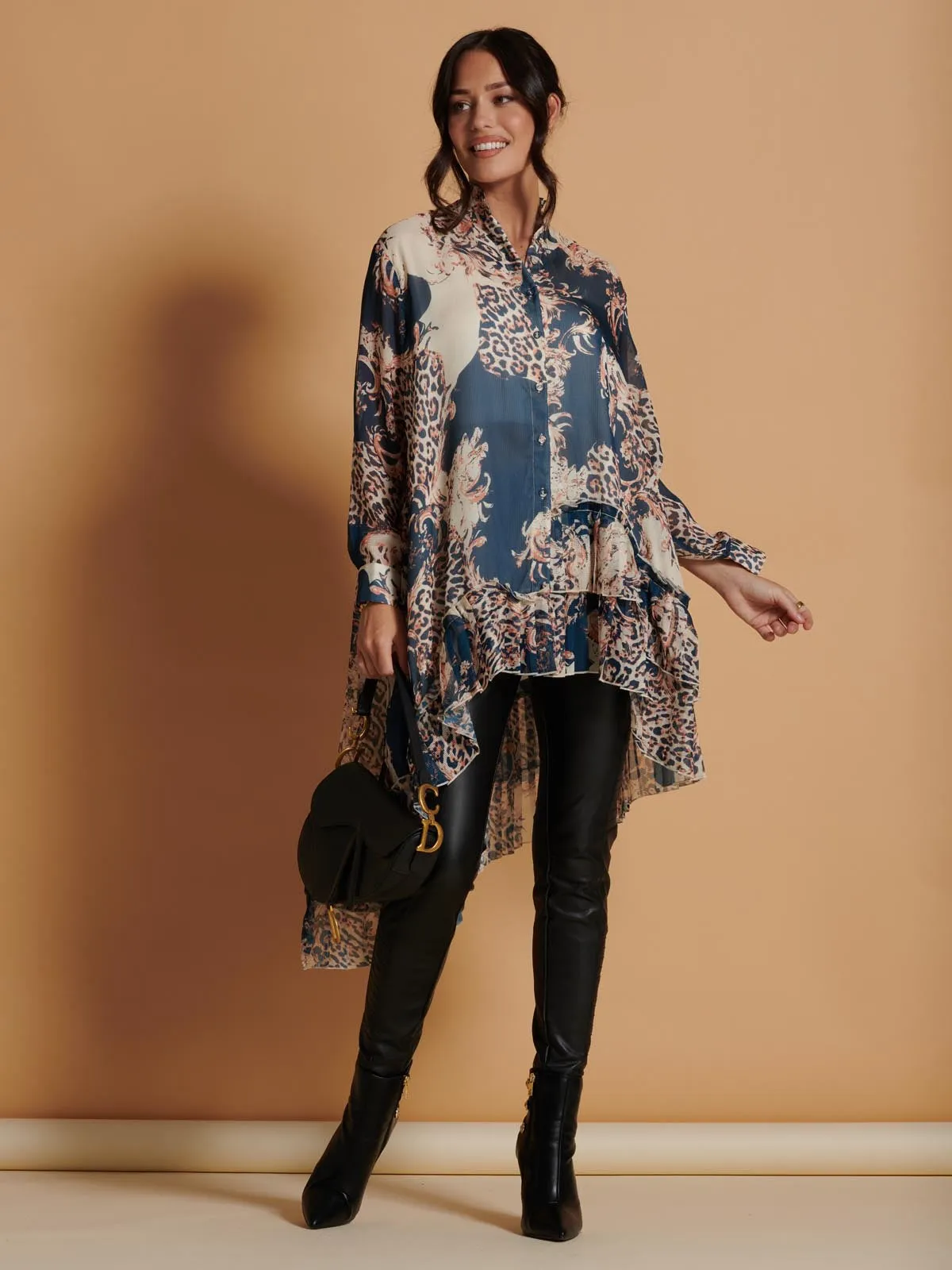 Oversized Asymmetric Hem Shirt, Teal Pattern