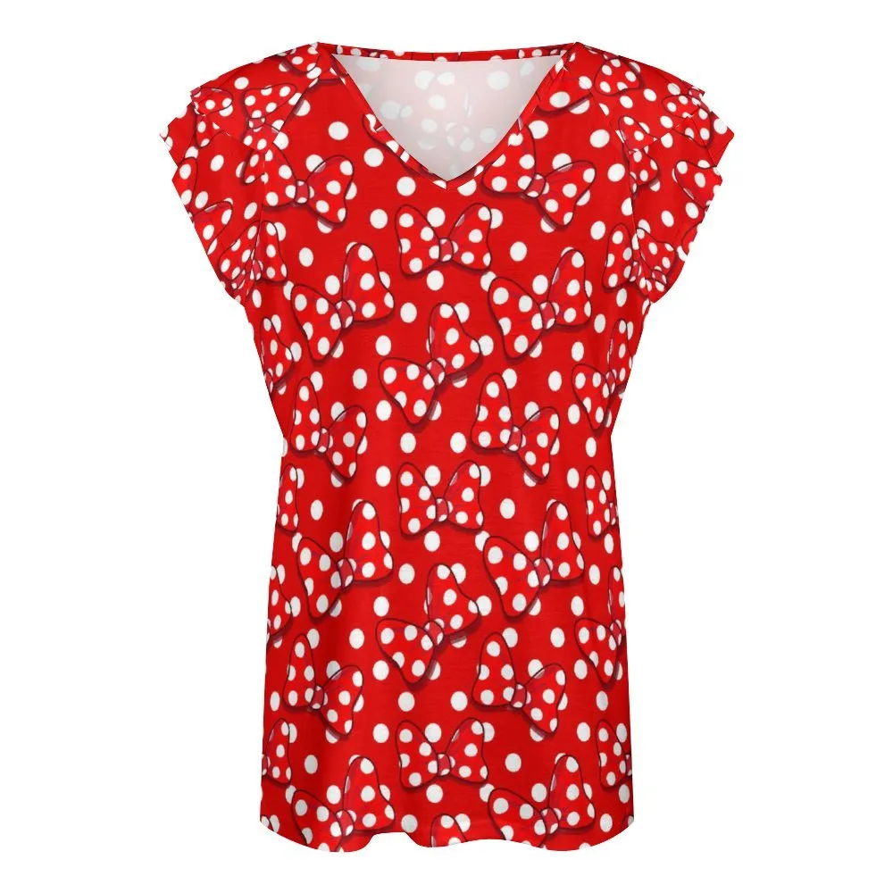 Red With White Polka Dot And Bows Women's Ruffle Sleeve V-Neck T-Shirt